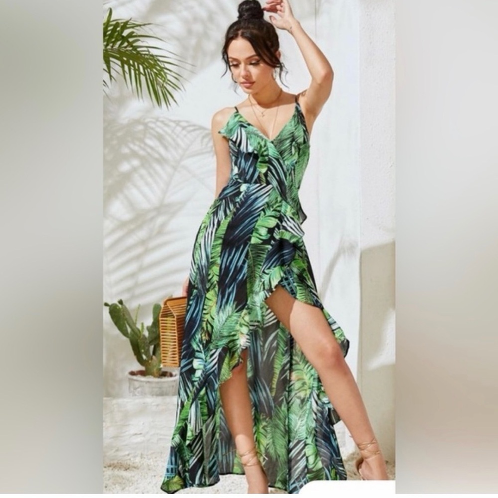 Luxxel Green & Blue Tropical Asymmetrical Maxi Dress